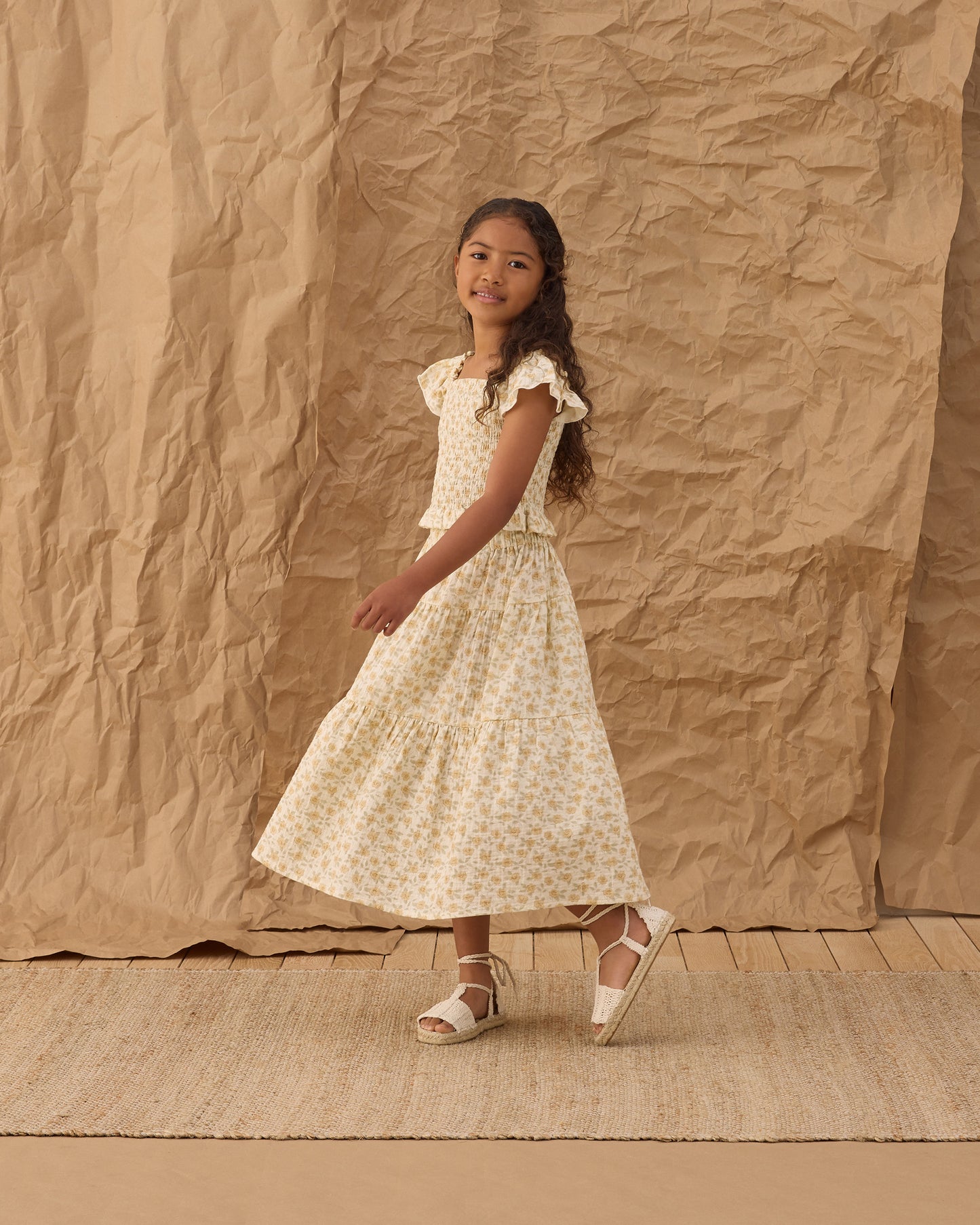 Rylee + Cru - Tiered Midi Skirt || Yellow Floral