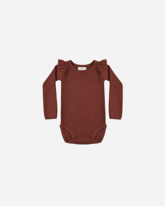 Rylee + Cru - Shoulder Ruffle Bodysuit || Brick