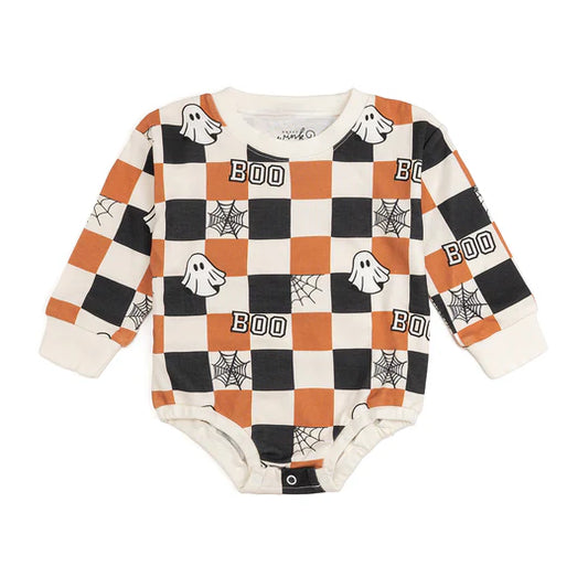 Sweet Wink - Boo Checkered Halloween Long Sleeve Romper - Natural