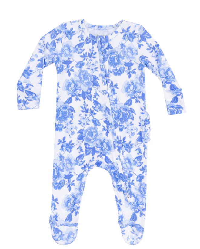 Angel Dear - Roses in Blue 2 Way Zipper Ruffle Back Footie