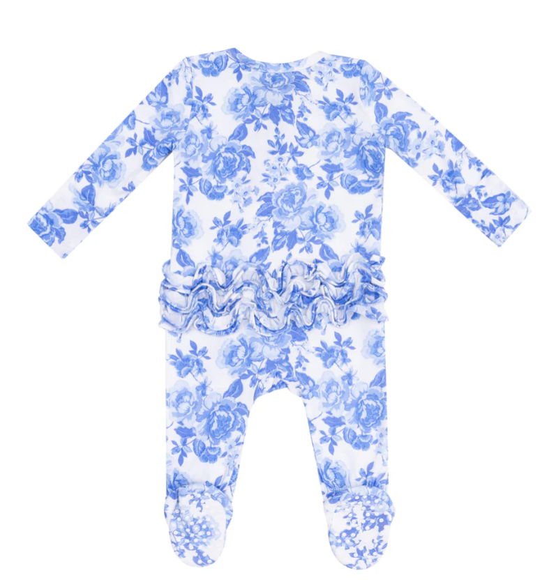 Angel Dear - Roses in Blue 2 Way Zipper Ruffle Back Footie