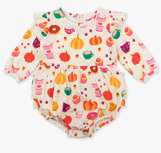 RuffleButts + RuggedButts - Knit Long Sleeve Flutter Bubble Romper - Fall Treats