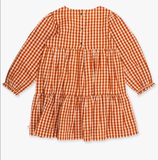 RuffleButts + RuggedButts - Woven Long Sleeve Tiered Twirl Dress - Classic Rust Gingham