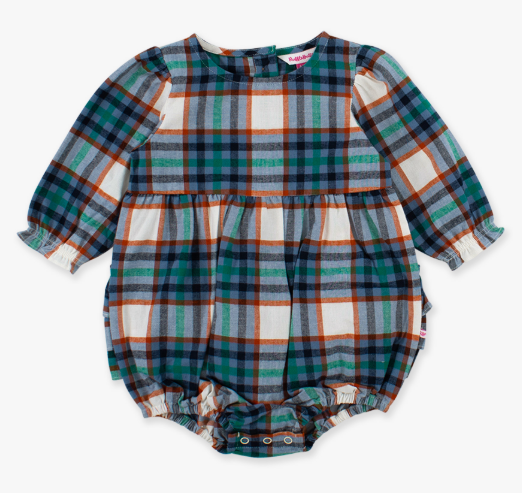 RuffleButts + RuggedButts - Woven Long Sleeve Bubble Romper - Peyton Plaid