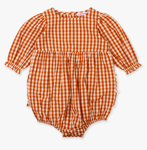 RuffleButts + RuggedButts - Woven Long Sleeve Bubble Romper - Classic Rust Gingham