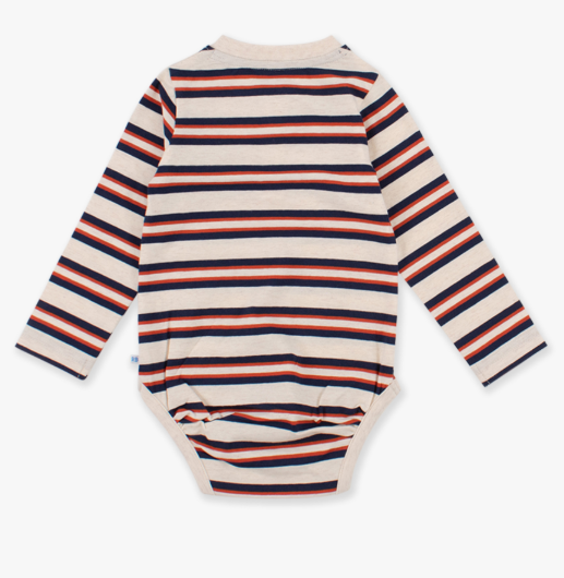 RuffleButts + RuggedButts - Heather Oatmeal & Rust Stripe Knit Long Sleeve 2-Button Henley Bodysuit