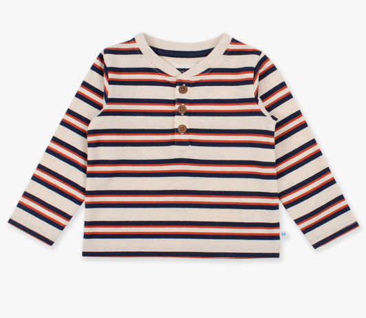 RuffleButts + RuggedButts - Heather Oatmeal & Rust Stripe - Knit Long Sleeve Henley Tee