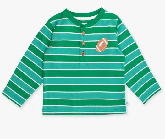 RuffleButts + RuggedButts - Knit Long Sleeve Embroidered Henley Tee - Football Green Stripe