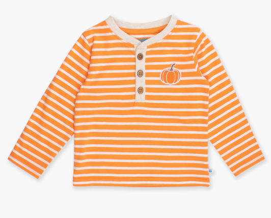 RuffleButts + RuggedButts - Pumpkin Orange Stripe Knit Long Sleeve Embroidered Henley Tee