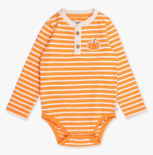 RuffleButts + RuggedButts - Pumpkin Orange Stripe Knit Long Sleeve Embroidered Henley Bodysuit