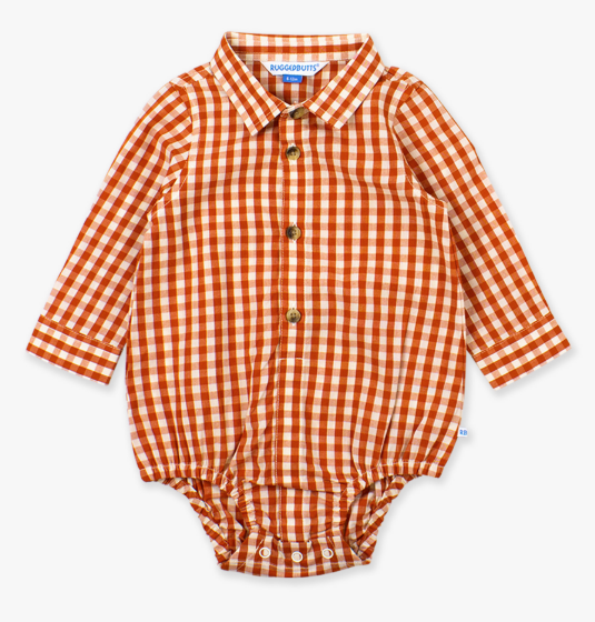 RuffleButts + RuggedButts - Long Sleeve Button Down Bodysuit - Classic Rust Gingham