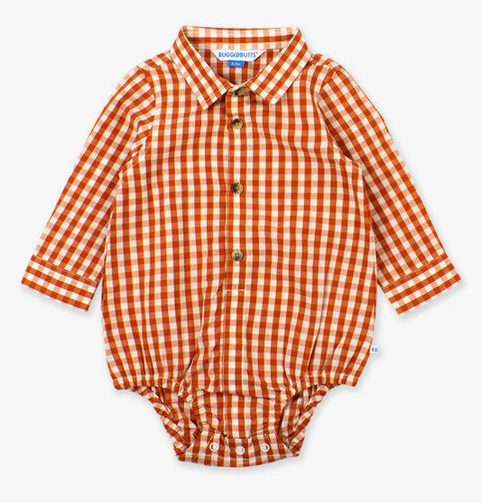 RuffleButts + RuggedButts - Long Sleeve Button Down Bodysuit - Classic Rust Gingham