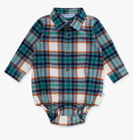 RuffleButts + RuggedButts - Long Sleeve Button Down Bodysuit - Peyton Plaid