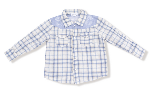 Angel Dear - Blue Plaid - L/S Western Pearl Snap Shirt w/ Howdy Embroidery on Back
