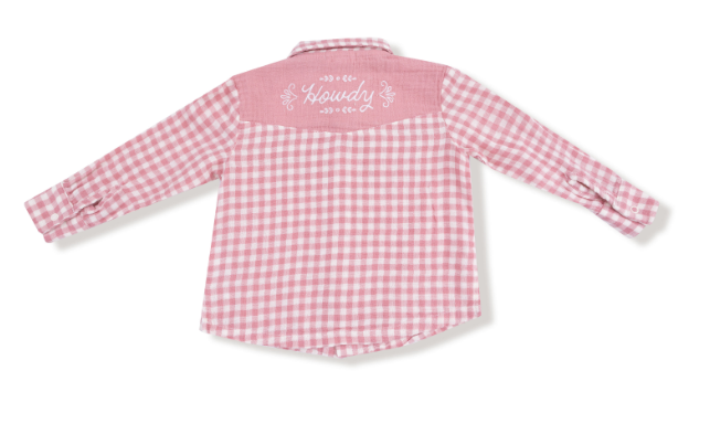 Angel Dear - Rose Pink Plaid - L/S Western Pearl Snap Shirt w/ Howdy Embroidery on Back