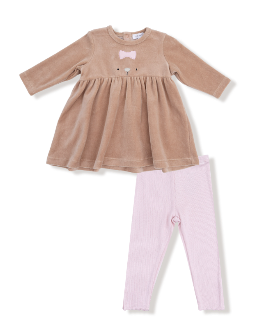Angel Dear - Velour Teddy Bear - L/S Empire Waist Dress + Ribbed Legging