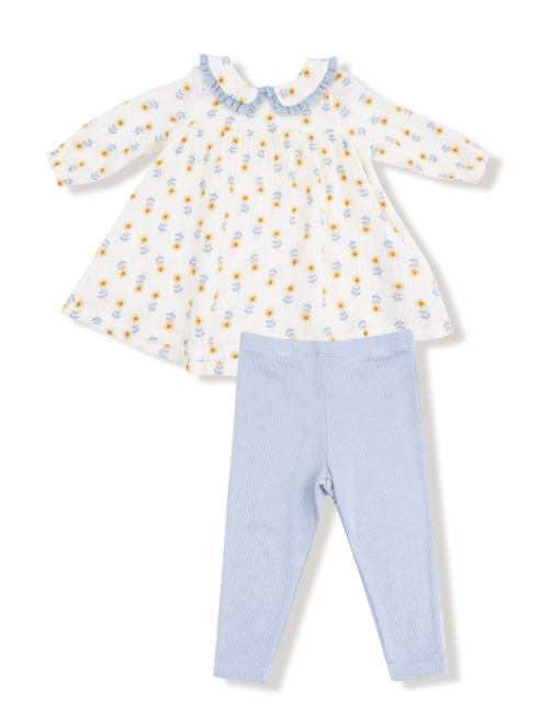 Angel Dear - Western Sunflower - Baby Peter Pan Collar Dress w/ Eyelet Trim + Ribbed Leggings