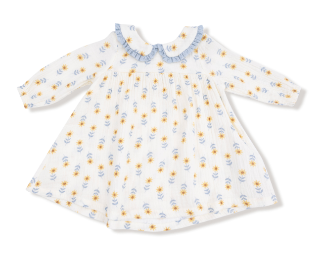 Angel Dear - Western Sunflower - Baby Peter Pan Collar Dress w/ Eyelet Trim + Ribbed Leggings