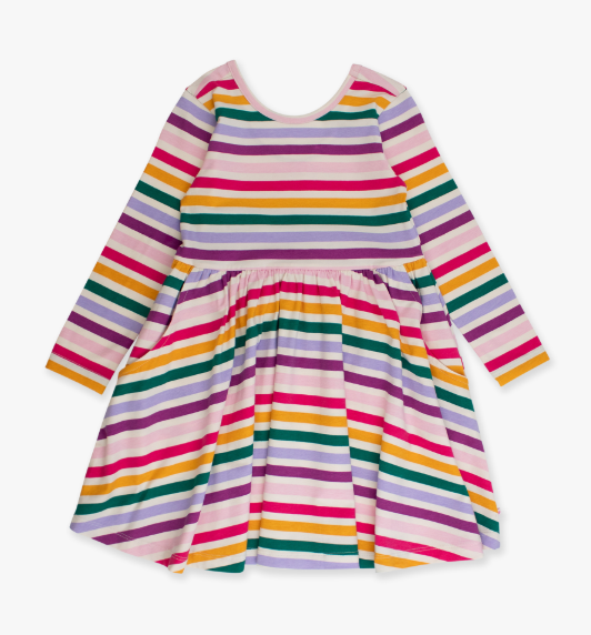 RuffleButts + RuggedButts - Knit Long Sleeve Twirl Dress - Colorful Rainbow Stripe