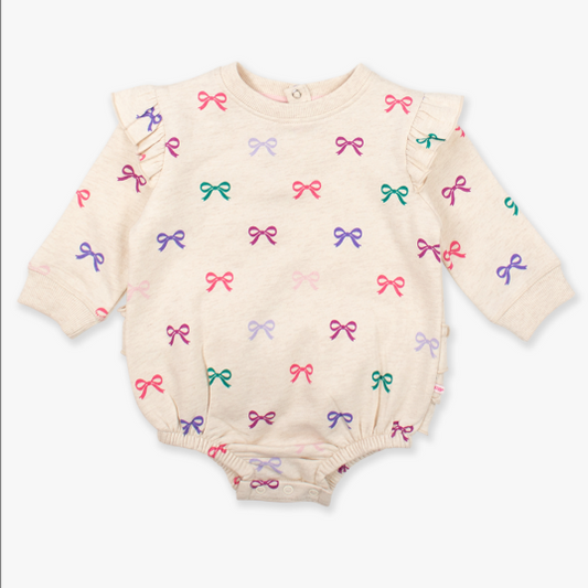 RuffleButts + RuggedButts - Sweatshirt Bubble Romper - Heather Oatmeal Ribbons