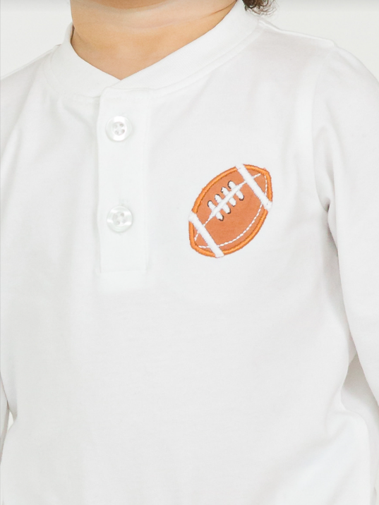 RuffleButts + RuggedButts - Football White Knit Long Sleeve Embroidered Henley Bodysuit