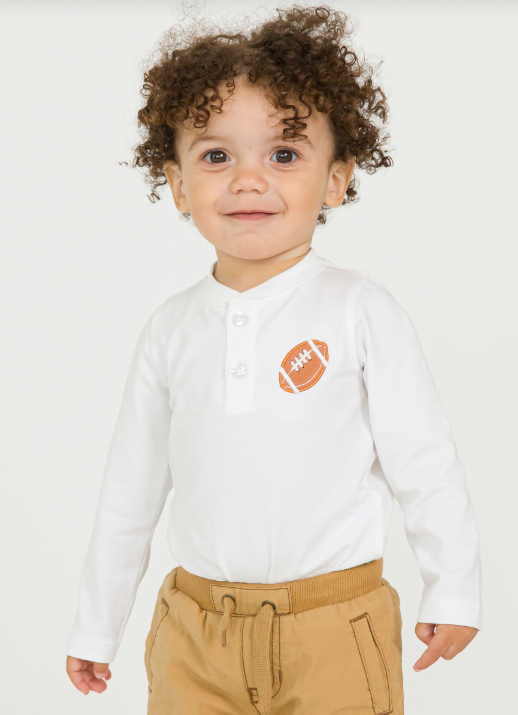 RuffleButts + RuggedButts - Football White Knit Long Sleeve Embroidered Henley Bodysuit