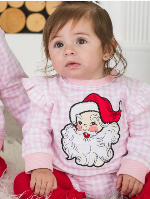 RuffleButts + RuggedButts - Applique Sweatshirt Bubble Romper - Dear Santa Pink Gingham