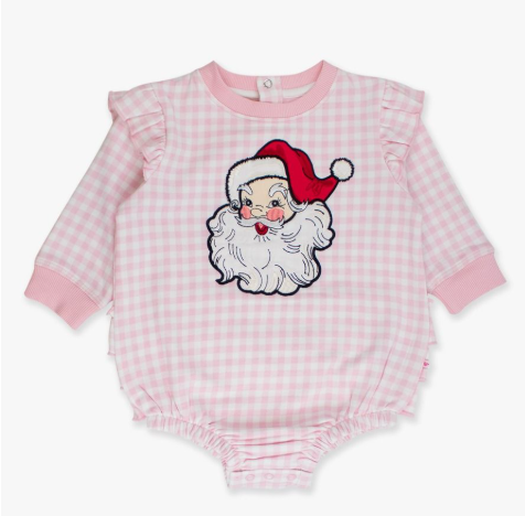 RuffleButts + RuggedButts - Applique Sweatshirt Bubble Romper - Dear Santa Pink Gingham