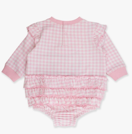 RuffleButts + RuggedButts - Applique Sweatshirt Bubble Romper - Dear Santa Pink Gingham