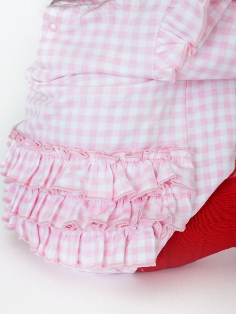 RuffleButts + RuggedButts - Applique Sweatshirt Bubble Romper - Dear Santa Pink Gingham