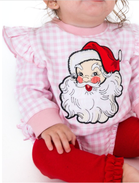 RuffleButts + RuggedButts - Applique Sweatshirt Bubble Romper - Dear Santa Pink Gingham