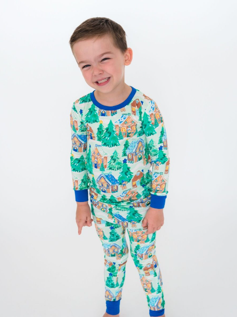 RuffleButts + RuggedButts - Long Sleeve Pajama Set - Blue Jolly Gingerbread