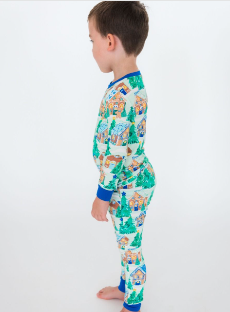 RuffleButts + RuggedButts - Long Sleeve Pajama Set - Blue Jolly Gingerbread