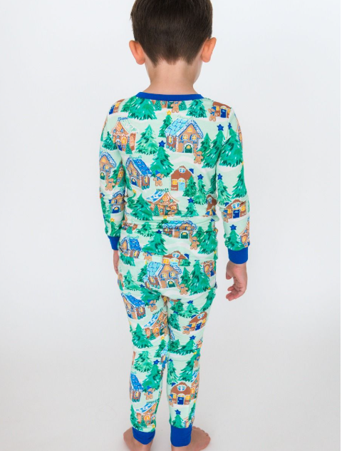 RuffleButts + RuggedButts - Long Sleeve Pajama Set - Blue Jolly Gingerbread
