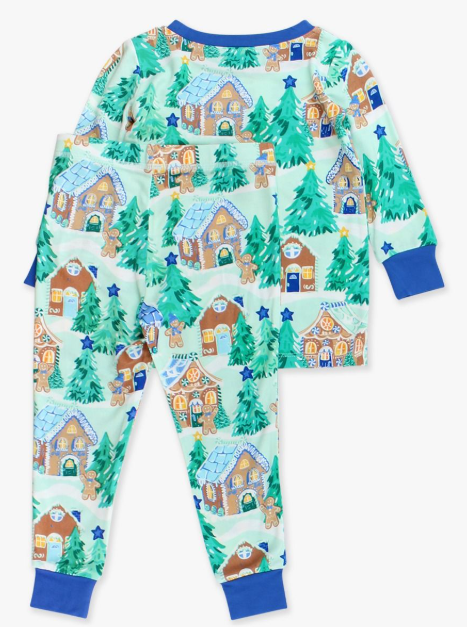 RuffleButts + RuggedButts - Long Sleeve Pajama Set - Blue Jolly Gingerbread
