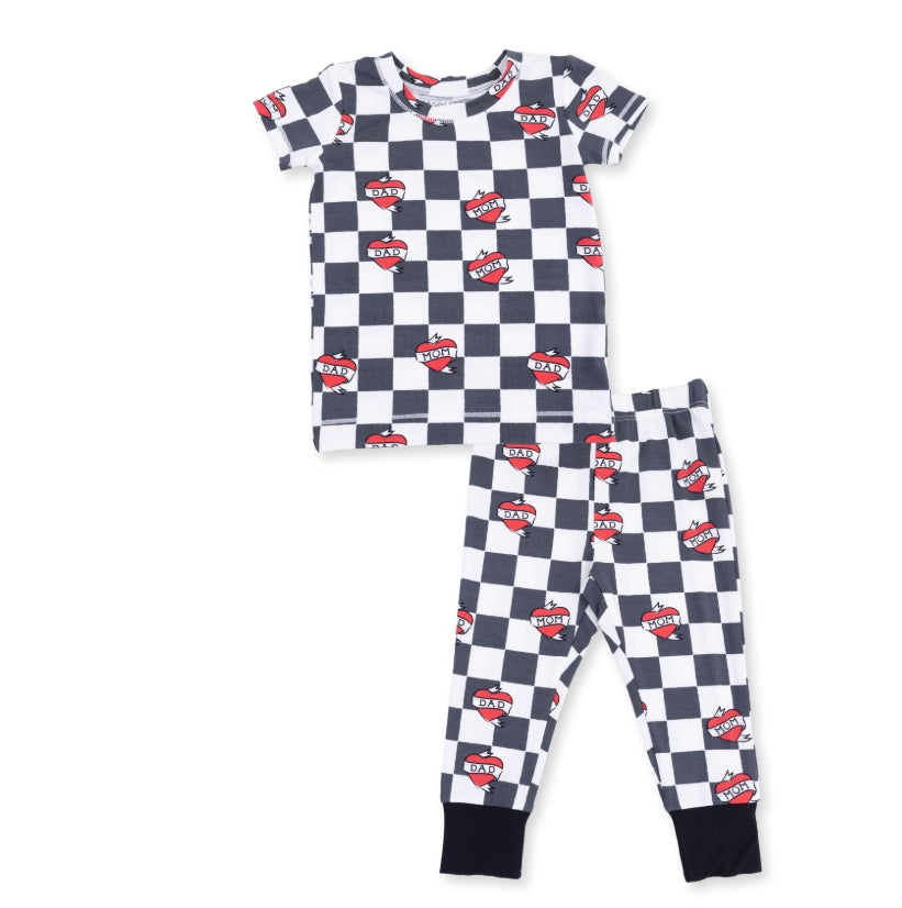 Angel Dear - Heart Tattoo Check Black Short Sleeve Loungewear Set
