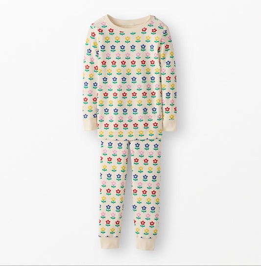 Hanna Andersson - Multicolored Flowers on Ecru - Long John Pajama Set in Hannasoft Stretch