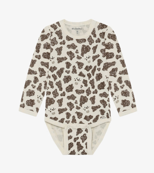 Minymo - Cow Print Long Sleeve Bodysuit (Seedpearl)