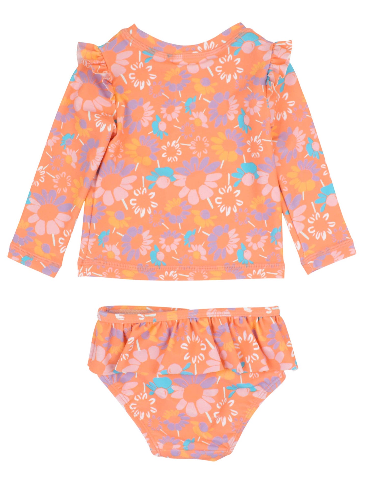 RuffleButts + RuggedButts - Girls Coral Floral Flutter Long Sleeve Rash Guard Skirted 2-Piece Swimsuit: Orange