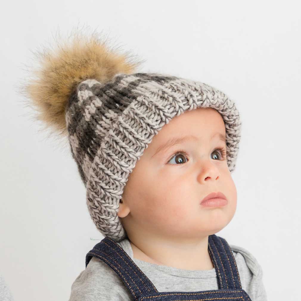 Huggalugs - Grey Buffalo Check Pom Pom Beanie Hat