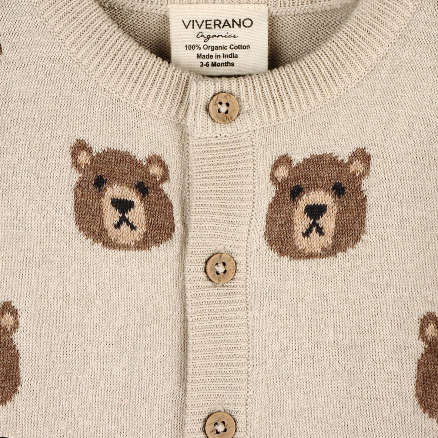 Viverano Organics - Brown Bear Jacquard Baby Cardigan Sweater (Organic Cotton)
