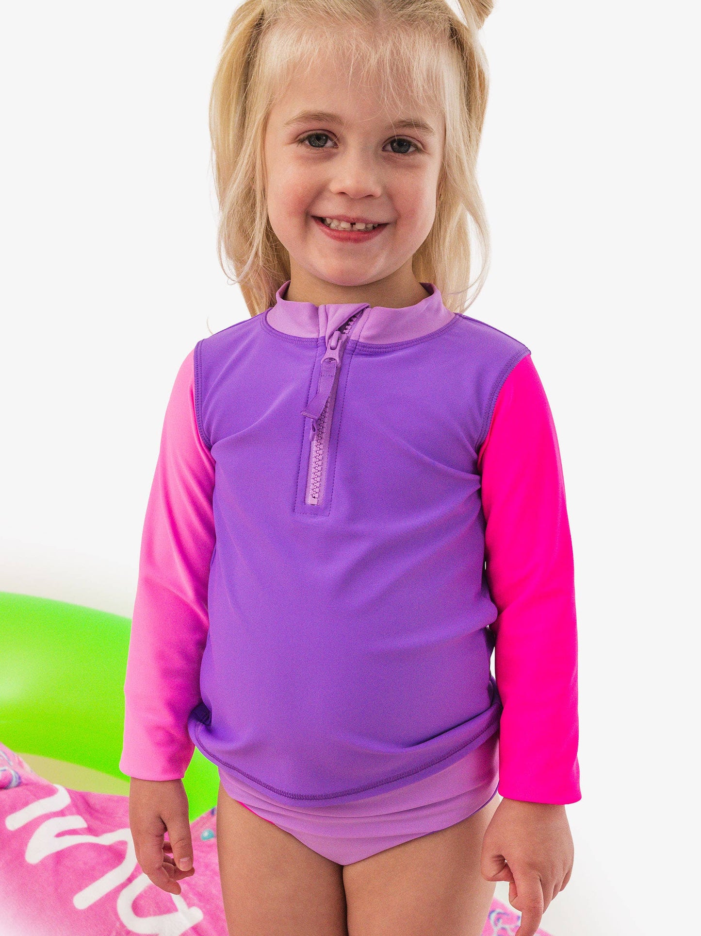 RuffleButts + RuggedButts - Girls Neon Purple Color Block Long Sleeve Zipper Rash Guard 2-Piece Swimsuit with Signature Rear Ruffles: Purple