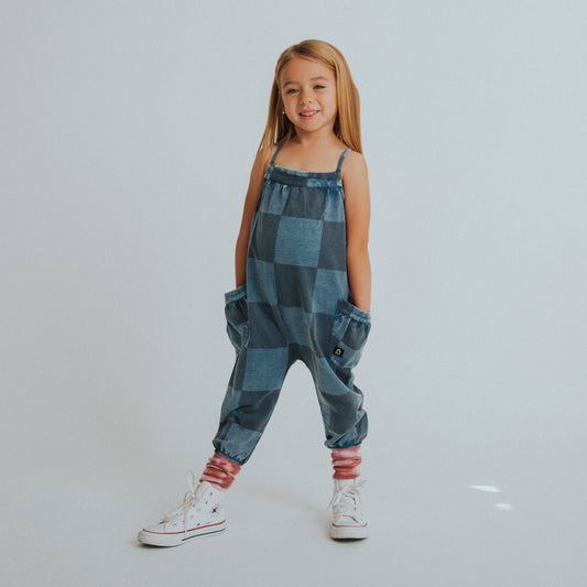 RAGS - Gathered Strappy Tank Rag Romper With Side Pockets- Blue Denim Check