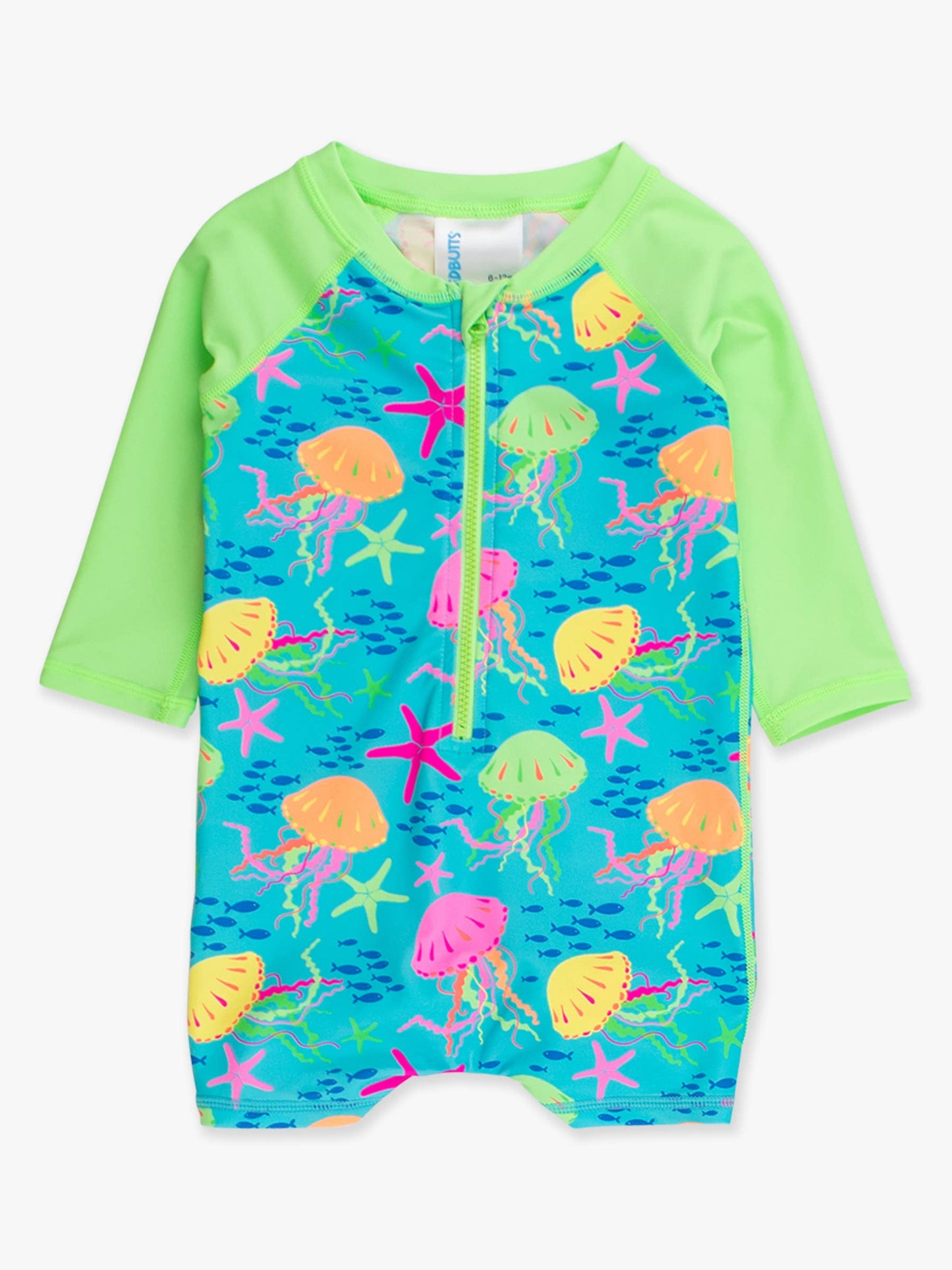 RuffleButts + RuggedButts - Baby Boys Neon Jelly Time Long Sleeve One Piece Rash Guard Swimsuit: Blue