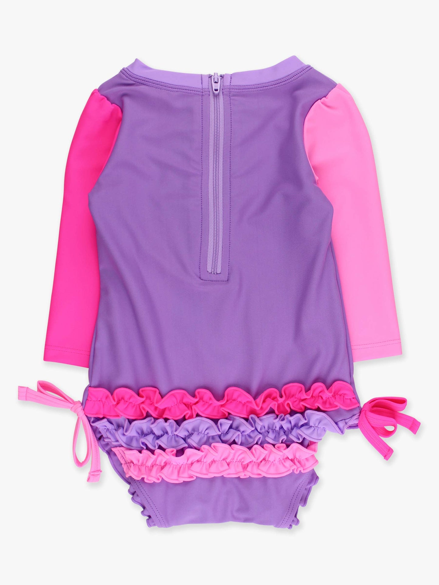 RuffleButts + RuggedButts - Baby Girls Neon Purple Color Block Long Sleeve One Piece Rash Guard Swimsuit with Signature Rear Ruffles: Purple