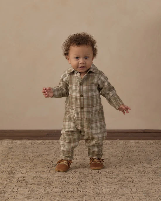 Rylee + Cru - Collared Baby Jumpsuit || Olive Dobby Plaid