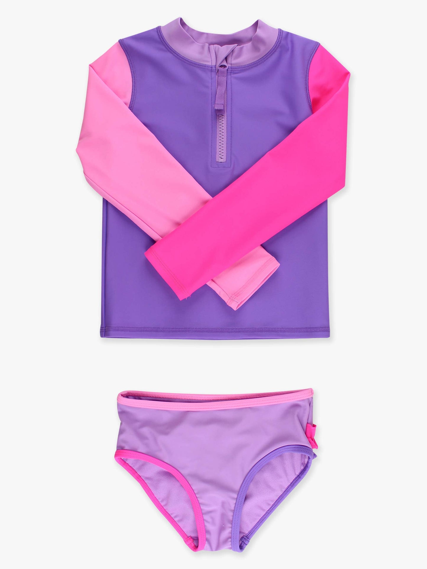 RuffleButts + RuggedButts - Girls Neon Purple Color Block Long Sleeve Zipper Rash Guard 2-Piece Swimsuit with Signature Rear Ruffles: Purple