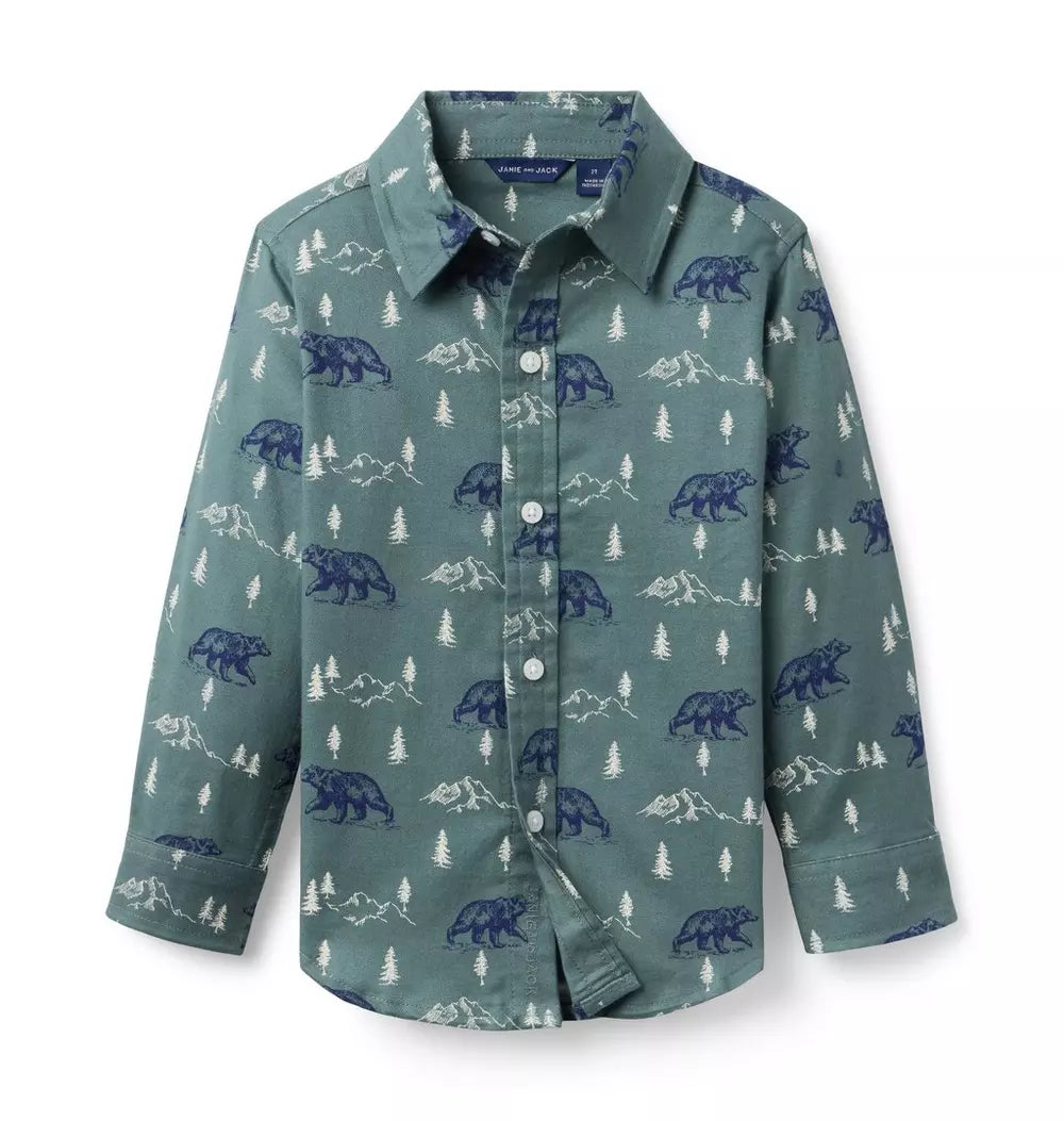 Janie and Jack - Dark Sage Bear Print Flannel Shirt