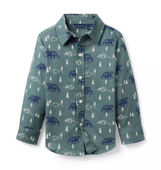 Janie and Jack - Dark Sage Bear Print Flannel Shirt