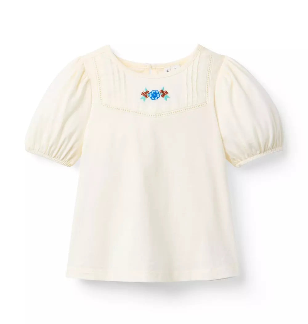 Janie and Jack - Alphine Ecru Embroidered Floral Puff Sleeve Top